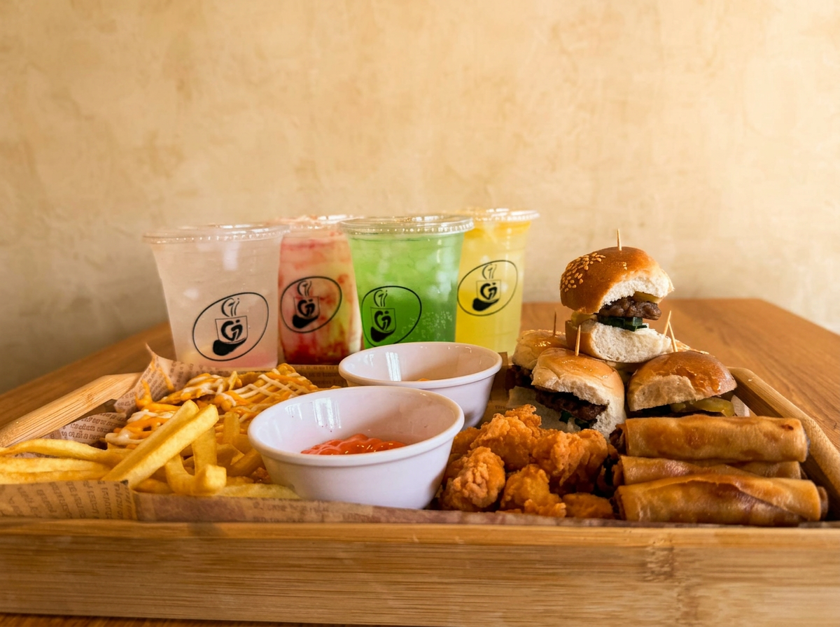 G7 Café Barkada Overload platter — sliders, fries, chicken popcorn, spring rolls, and four signature fruit drinks